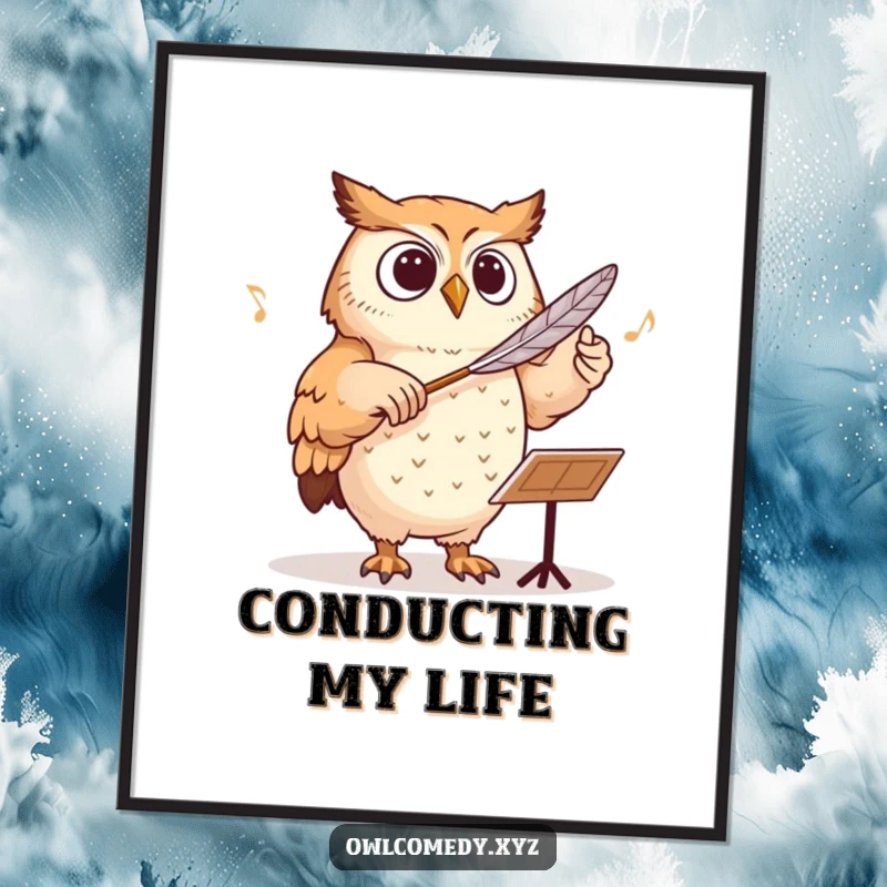 Funny owl conducting an orchestra with a feather baton, creating humorous and artistic wall decor.