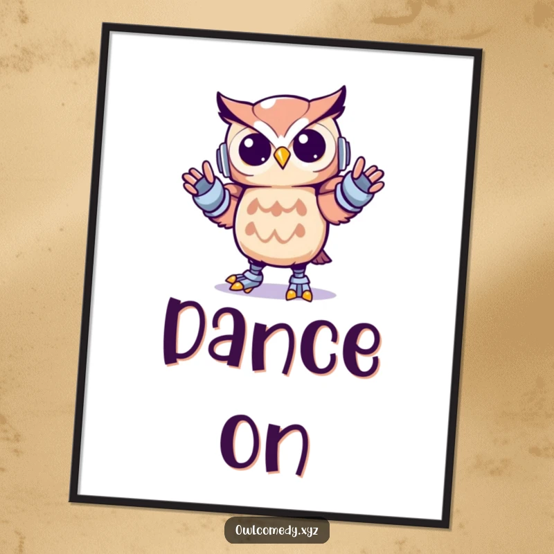 Funny Kawaii owl poster print of a cute owl performing an energetic robot dance with stiff, precise movements, full of digital flair.