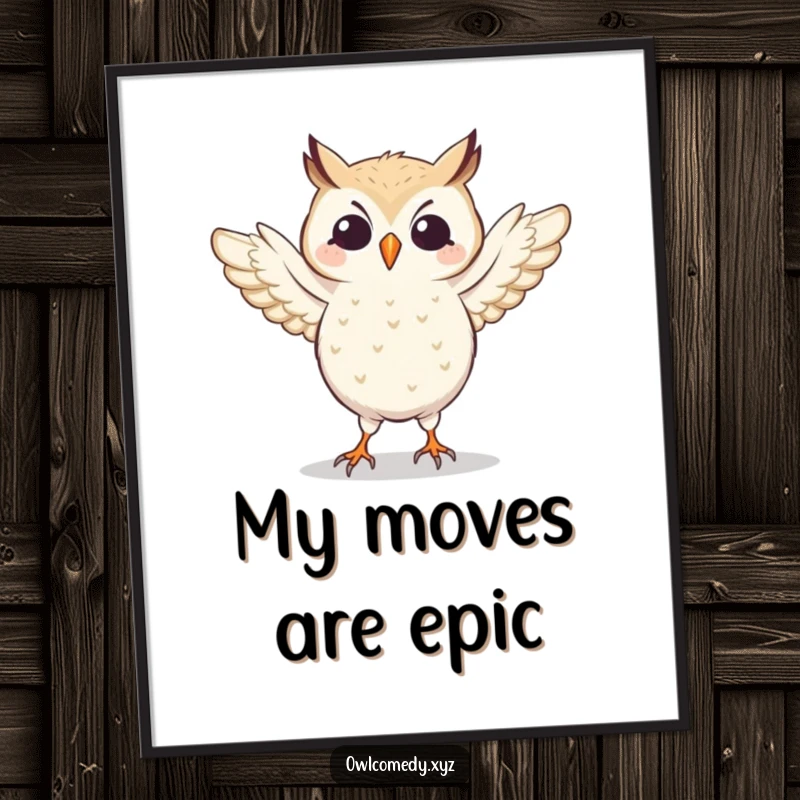 Funny illustration of an owl performing a silly dance, wings flapping energetically. High-quality wall art print.