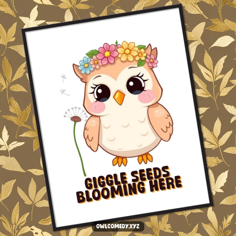 Funny poster art of a giggling owl with a flower crown, blowing dandelion seeds, creating a whimsical and joyful atmosphere.