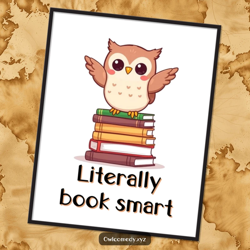 Funny kawaii owl character balancing comically on a stack of tiny books, adding humor to decor.