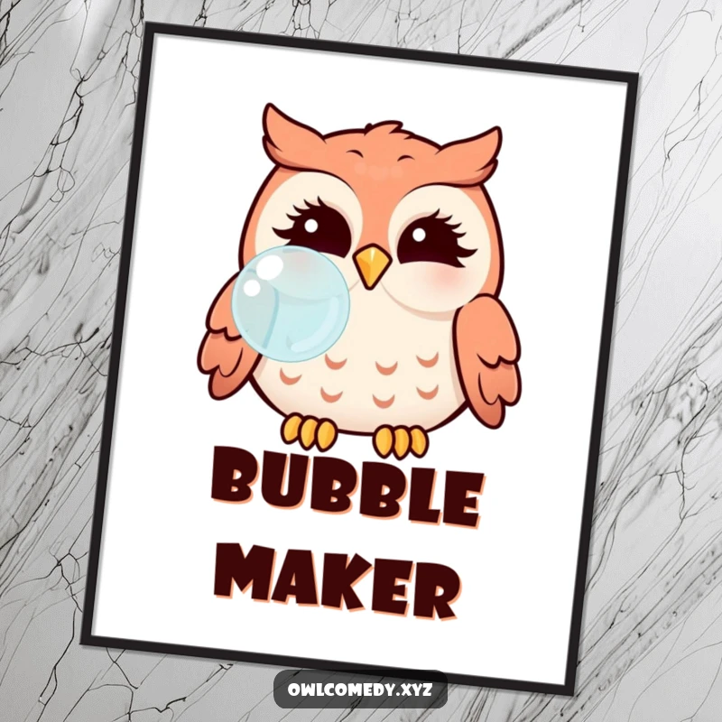 Funny Kawaii owl with puffed cheeks blowing a big bubble, displayed as charming wall art.