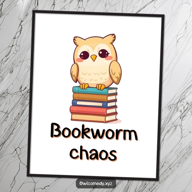 Funny Kawaii Owl Poster, a cute owl grinning as it knocks over books, humorous wall art for readers.