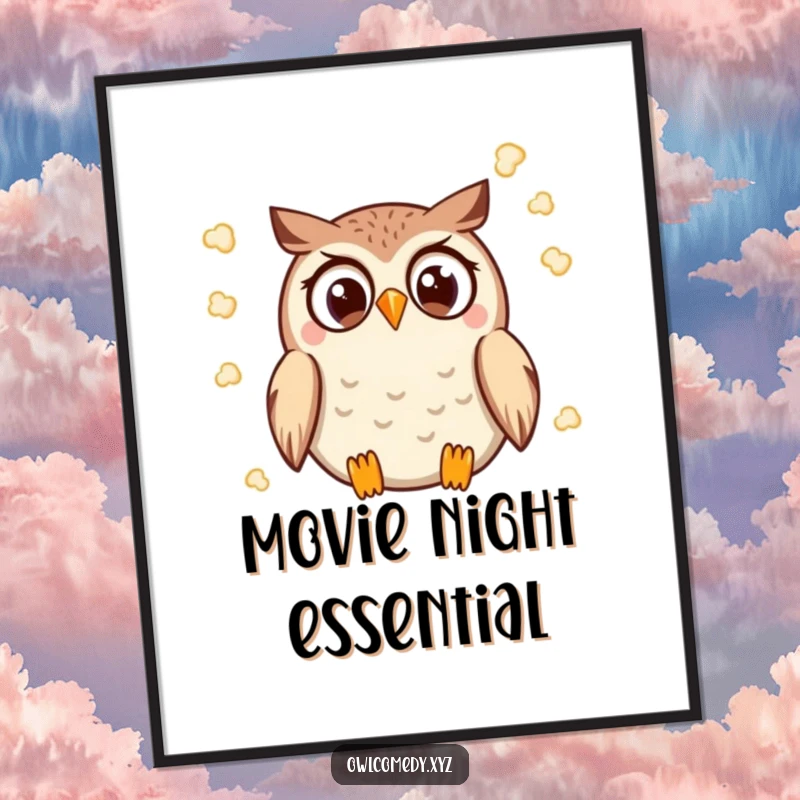 Funny Kawaii Owl Poster with wide eyes, joyfully throwing popcorn, creating a fun cinematic atmosphere.