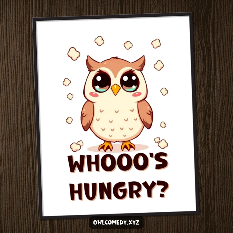 Funny Kawaii owl poster with wide eyes, throwing popcorn in the air, creating humorous and vibrant wall art, an excellent gift.