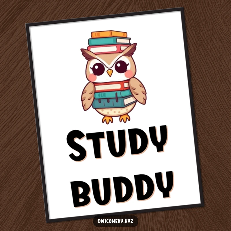 Funny Kawaii owl poster print of a cute owl precariously balancing a tall stack of books on its head, adding humor to decor.