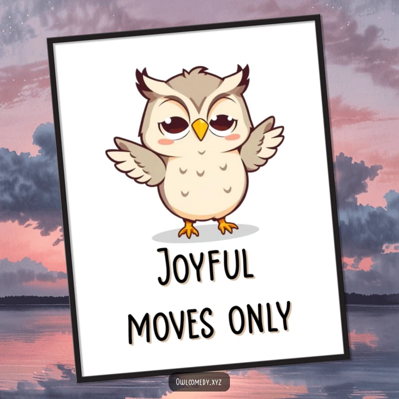 Funny Kawaii Owl Poster with a goofy grin, energetically doing a silly dance, creating a joyful atmosphere.