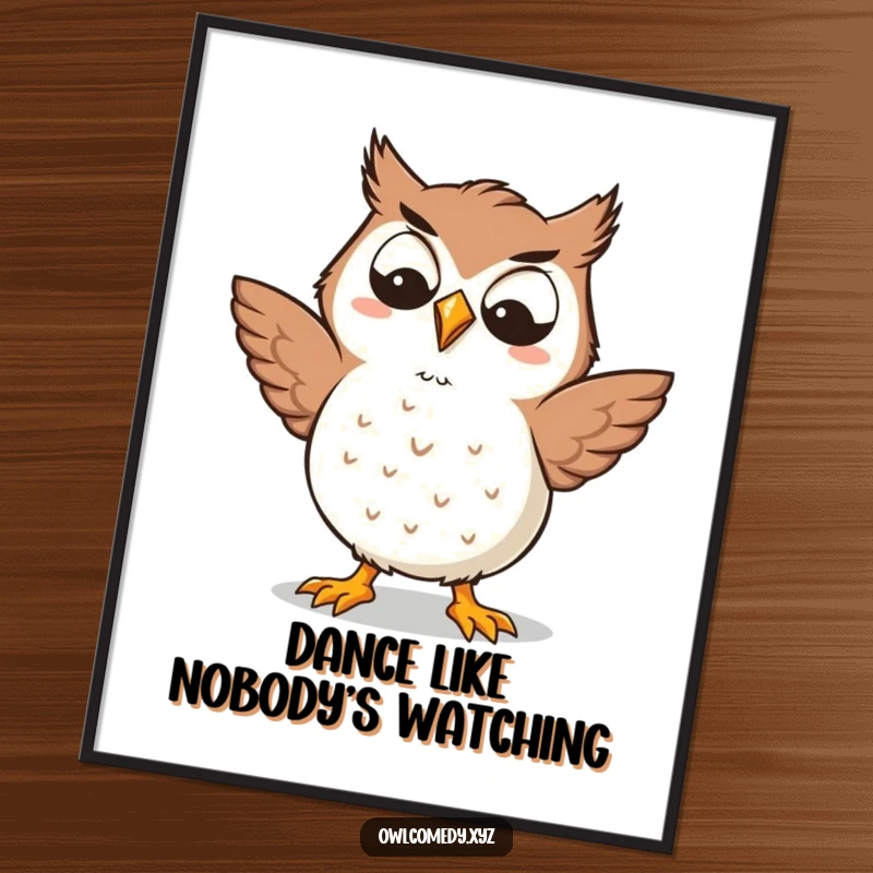 Funny Kawaii owl poster with a goofy grin, doing a silly dance, creating humorous and vibrant wall art, an excellent gift.