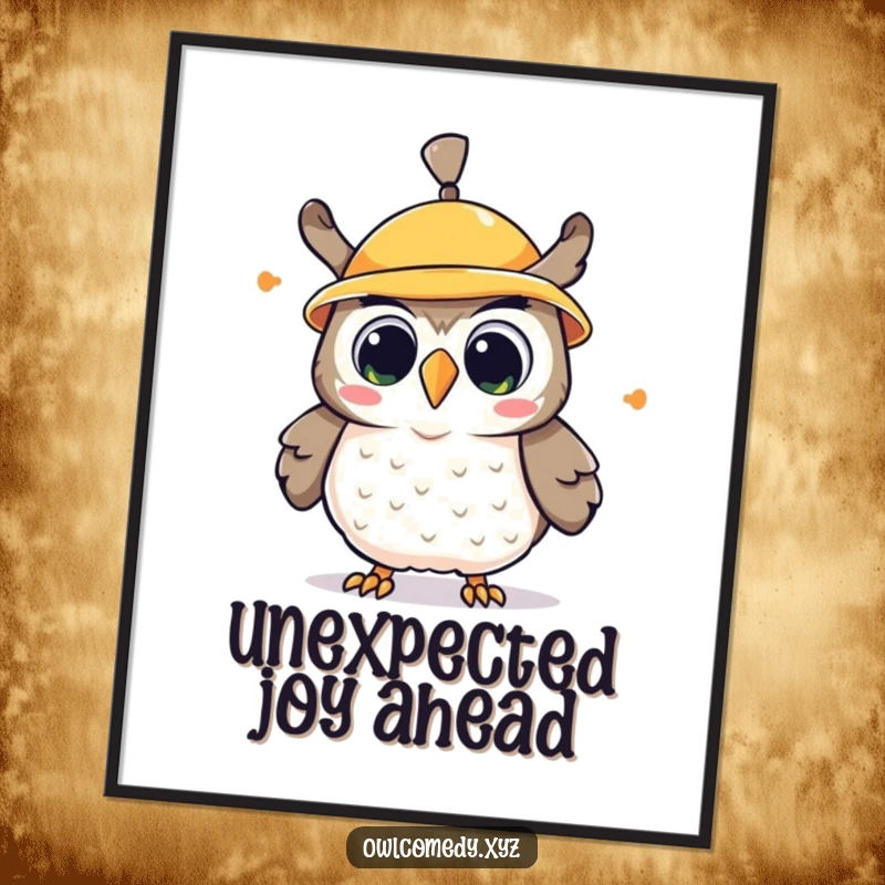 Funny kawaii owl poster, an owl with a propeller hat spinning fast, with a surprised and delighted expression.