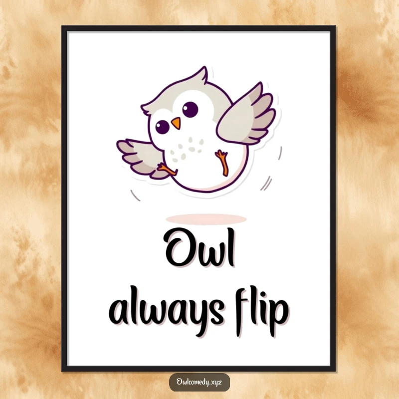 Funny Minimalist Owl Cartwheel Poster: A minimalist owl in motion, ideal for adding playful decor.