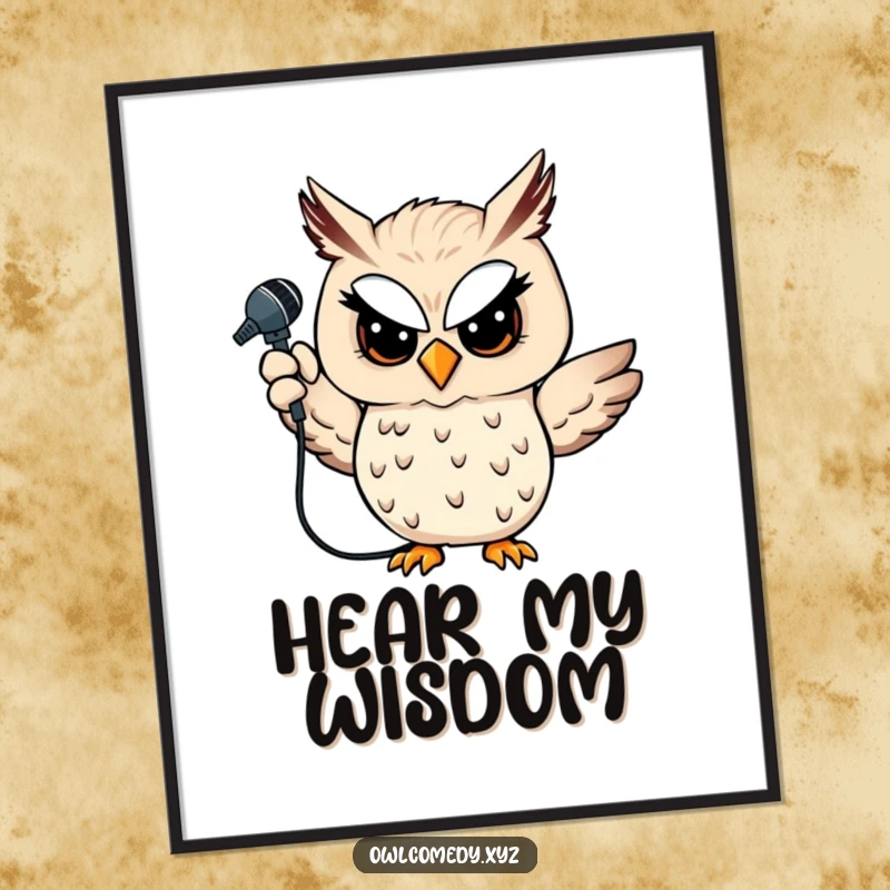 Funny owl poster featuring a winking owl holding a microphone aloft, perfect for music lovers and performer decor.