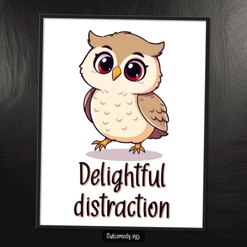 Funny poster featuring a playful owl joyfully chasing its shadow with a look of pure delight.