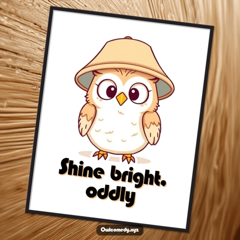 Funny poster art of a surprised owl wearing a lampshade hat, looking around amusingly, ideal for adding humor to walls.