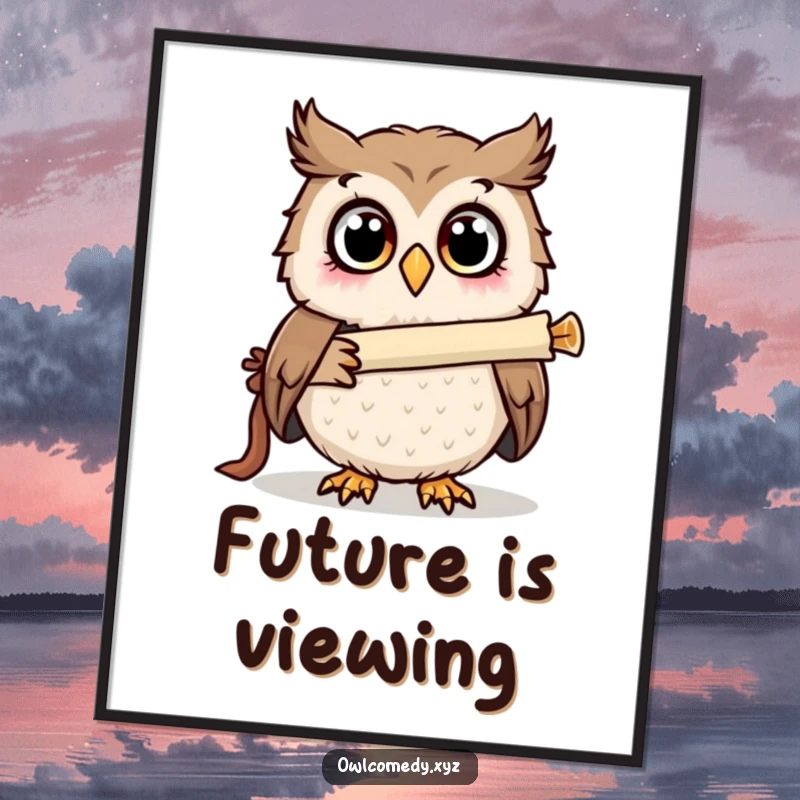 Funny surprised owl looking through a telescope made of a scroll, wide-eyed wonder, humorous wall art.