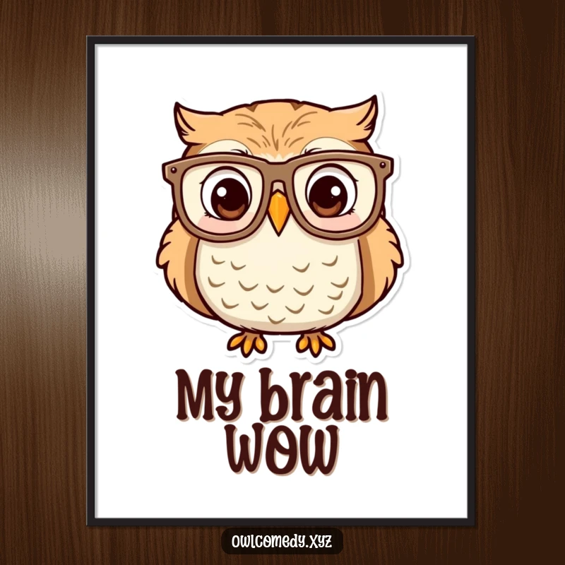 Funny owl illustration wearing large spectacles, eyes wide with surprise and delight. High-quality wall art print.