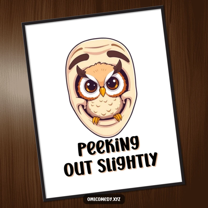 Funny curious owl peeking from a large comedy mask, artistic and humorous wall art for a witty room.