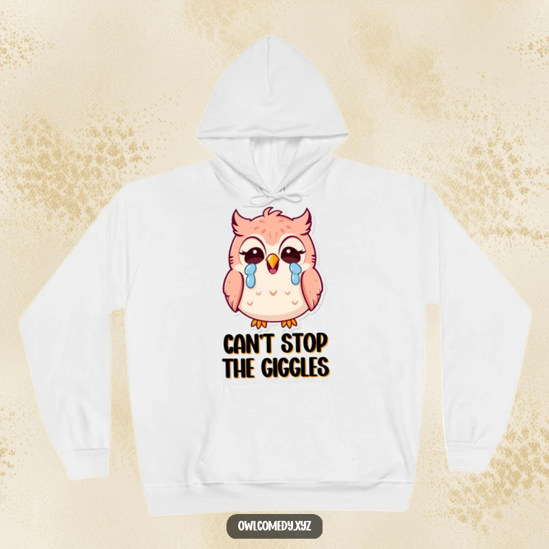 Funny Kawaii owl hoodie, owl laughing uncontrollably, tears of joy, warm, cozy, humorous winter wear, comical.