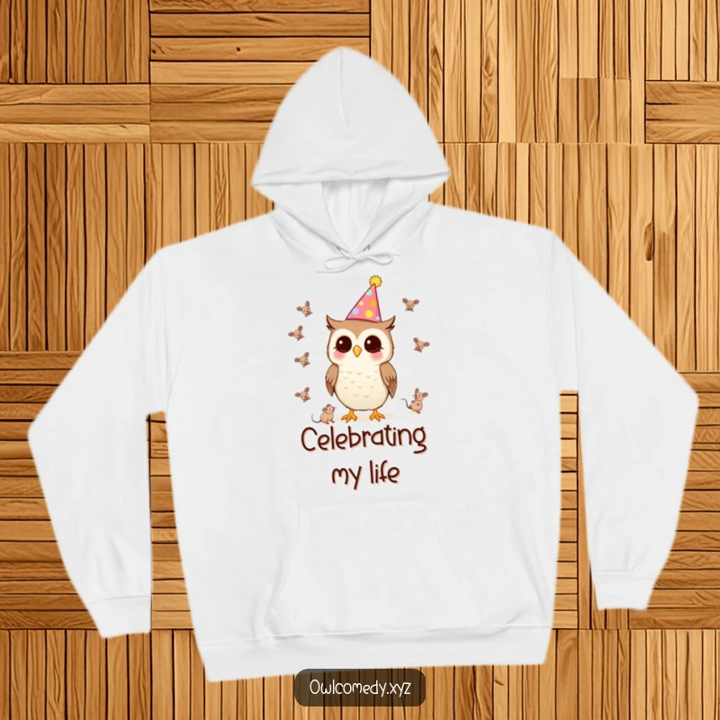 Funny Kawaii Owl Hoodie with a party hat, juggling tiny mice, soft and perfect for celebrations.