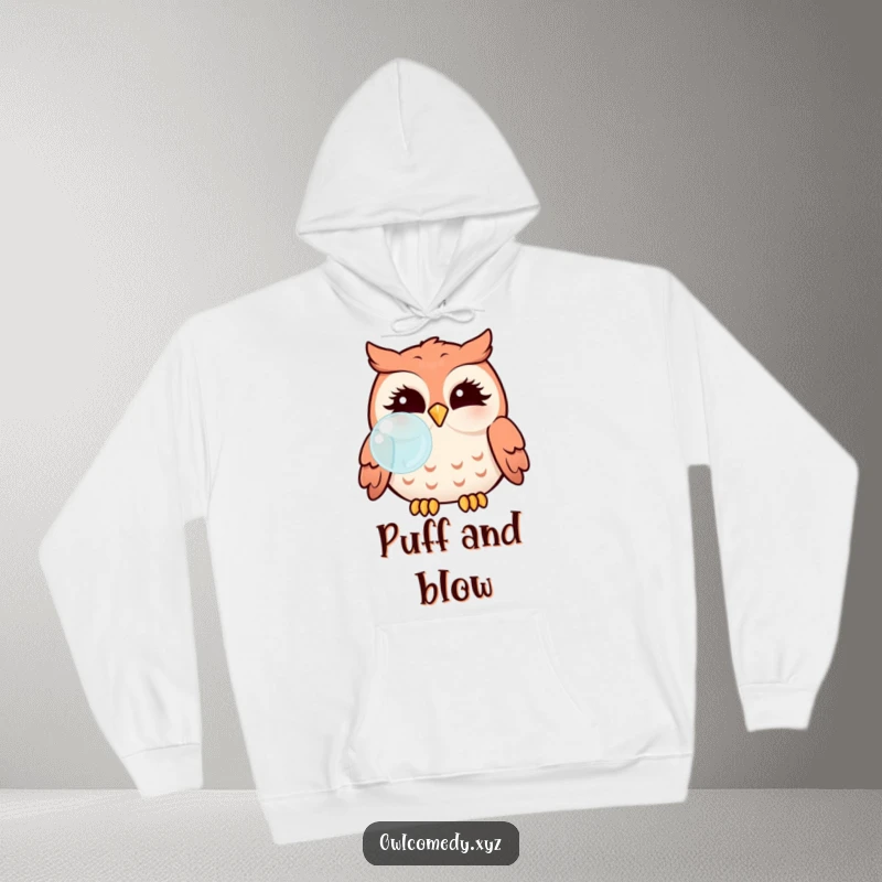 Funny Kawaii owl with puffed cheeks blowing a bubble, featured on a soft and warm hoodie.
