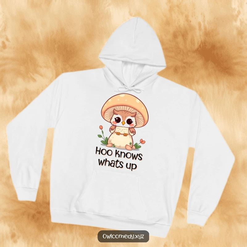 Funny Kawaii owl peeking and winking from behind a large mushroom, printed on a comfortable hoodie.