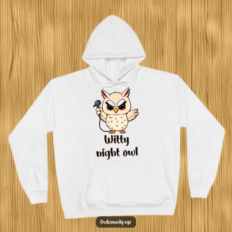 Funny owl hoodie featuring a winking owl holding a microphone, combining comfort with performance flair, a great funny gift.