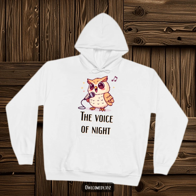 Funny hoodie with a design of an enthusiastic owl character singing its heart out into a microphone, perfect for music lovers.
