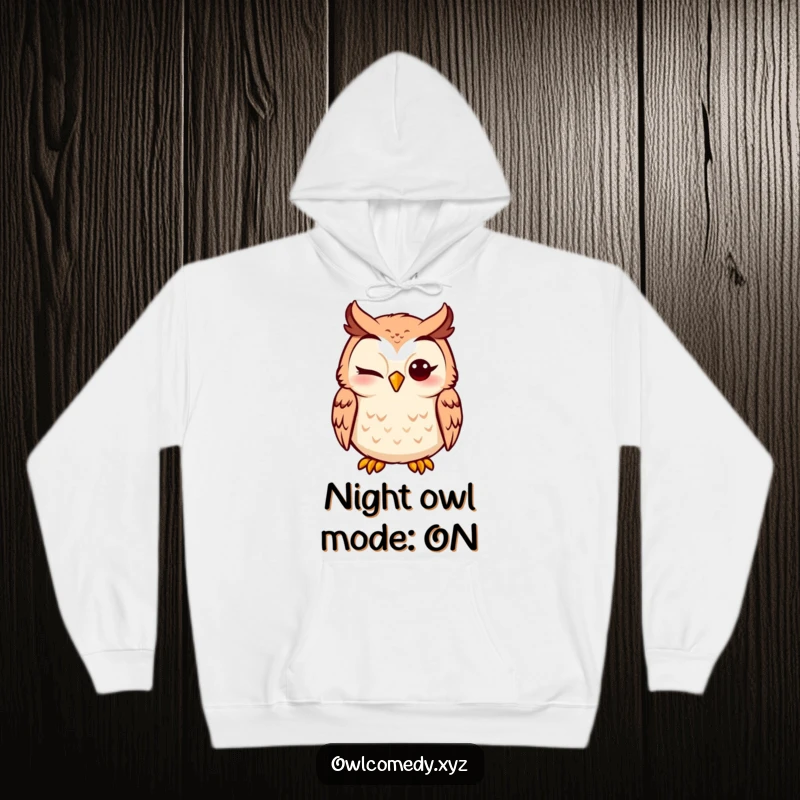 Funny Owl Hoodie showcasing a silly winking owl character, offering warmth and humor for screen reader users.