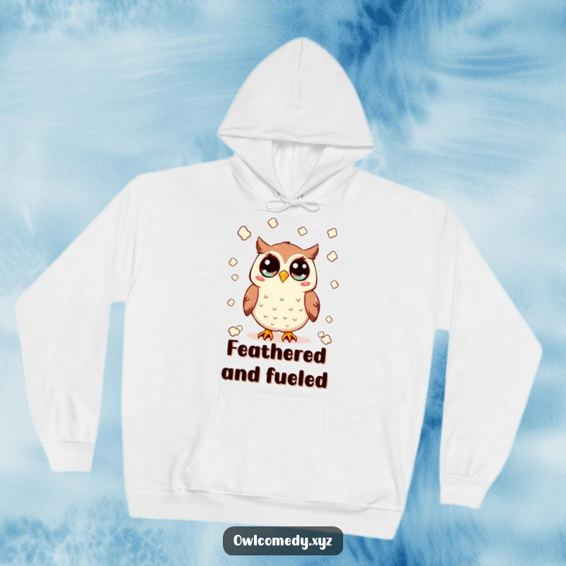 Funny Kawaii owl hoodie with wide eyes, enthusiastically throwing popcorn, offering cozy humor and a perfect gift for snack lovers.