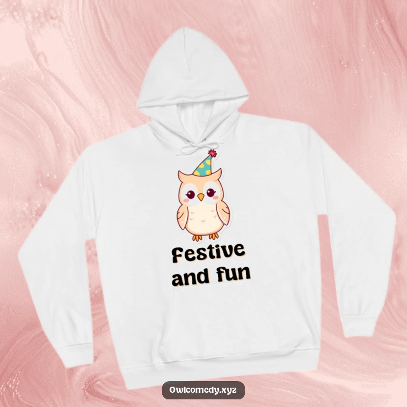 Funny Kawaii owl hoodie, owl wearing a party hat, festive, warm, cozy, celebratory, humorous.