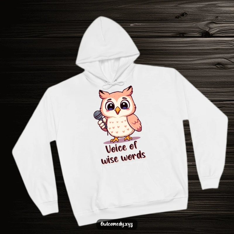 Funny cheerful kawaii owl holding a microphone, head tilted, singing, hoodie, cozy, music lover, warm gift.