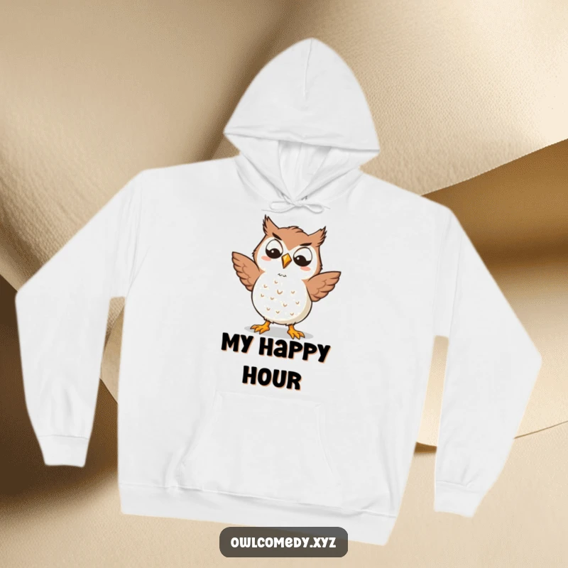 Funny Kawaii owl hoodie with a goofy grin, performing a silly dance, offering cozy humor and a perfect gift for cheerful souls.