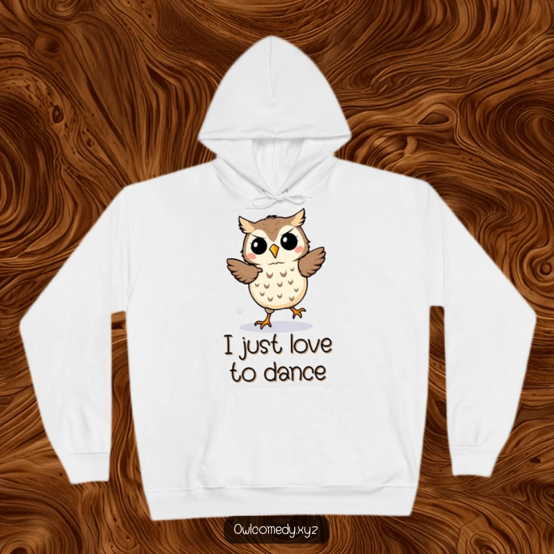 Funny kawaii owl hoodie, a cute owl doing a dynamic jig with motion lines, celebrating energetic dance moves.