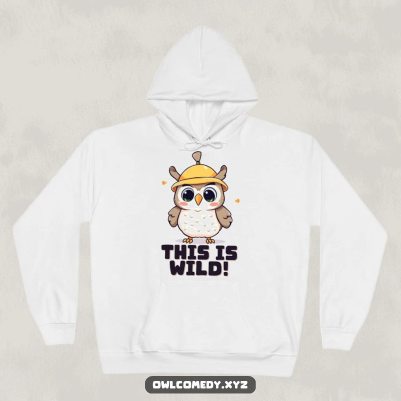 Funny kawaii owl hoodie, an owl wearing a propeller hat that spins wildly, showing a delighted, surprised face.