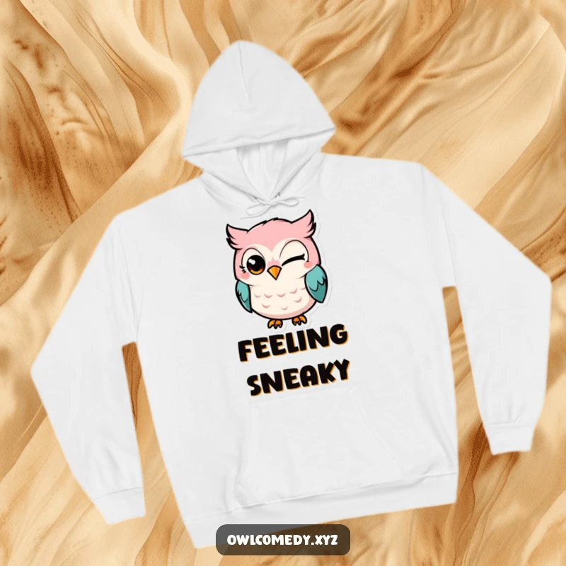Funny Kawaii owl hoodie, owl winking with a grin, mischievous, cozy, warm, playful, humorous.