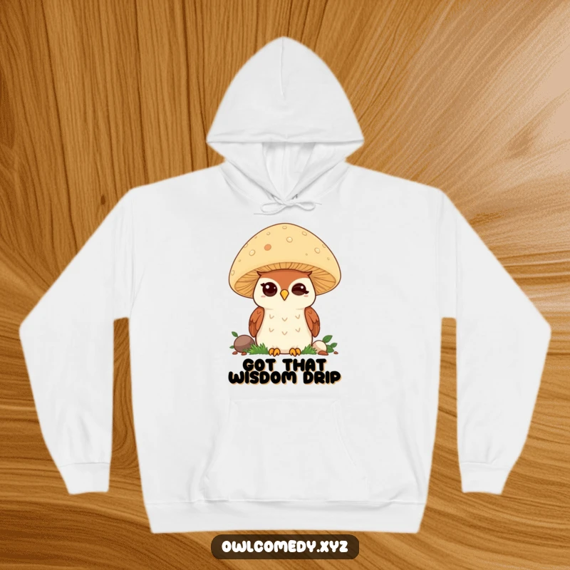 Funny Kawaii Owl Hoodie: Adorable winking owl behind mushroom, soft and cozy, great funny gift.