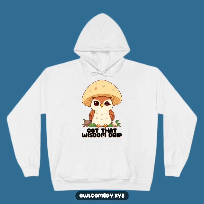 Cozy Funny Kawaii Owl Hoodie: Winking Owl on Mushroom, Ultimate Funny Gift