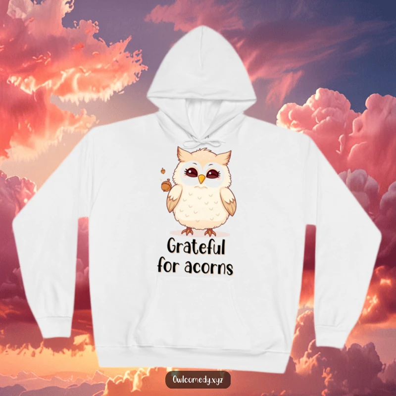 Funny hoodie featuring a fluffy owl winking and juggling acorns, offering warmth and humor as a cozy, stylish gift.