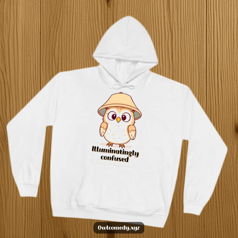 Funny hoodie with a surprised owl wearing a lampshade hat, perfect for staying warm and looking hilariously festive.