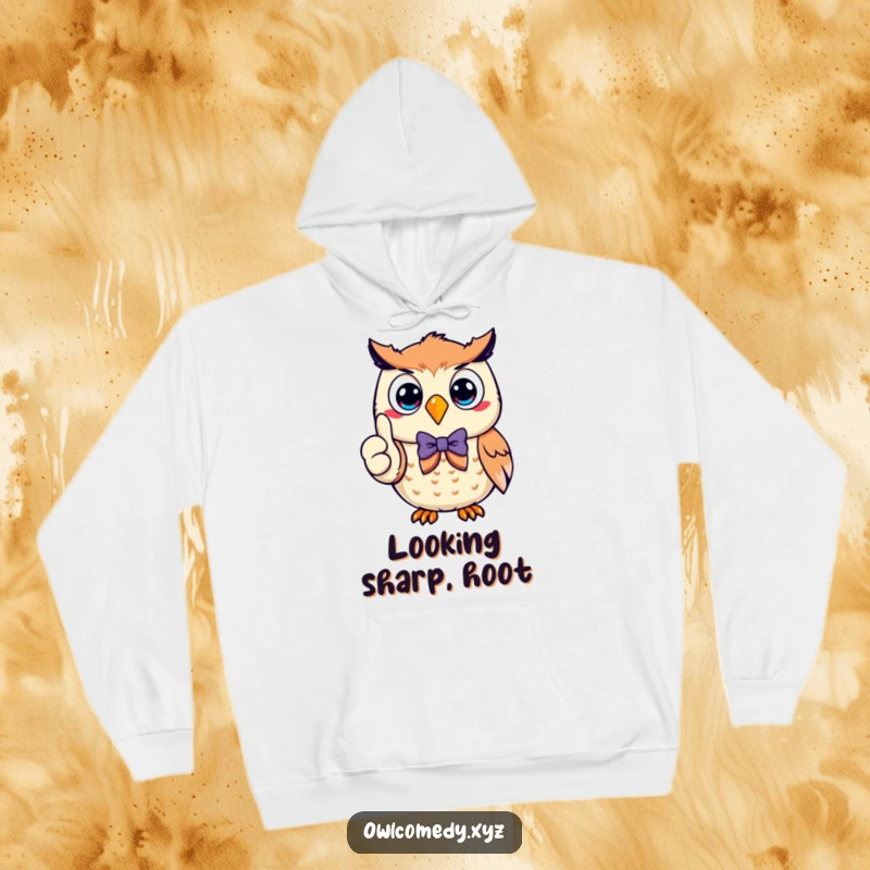 Funny smiling owl wearing a bow tie, giving a thumbs up, offering cozy warmth and dapper humor on this hoodie.