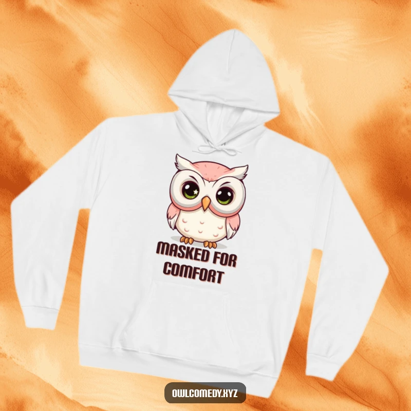 Funny Comedy Mask Owl Hoodie featuring a kawaii owl's large, sparkling eye peeking from behind a big comedy mask.