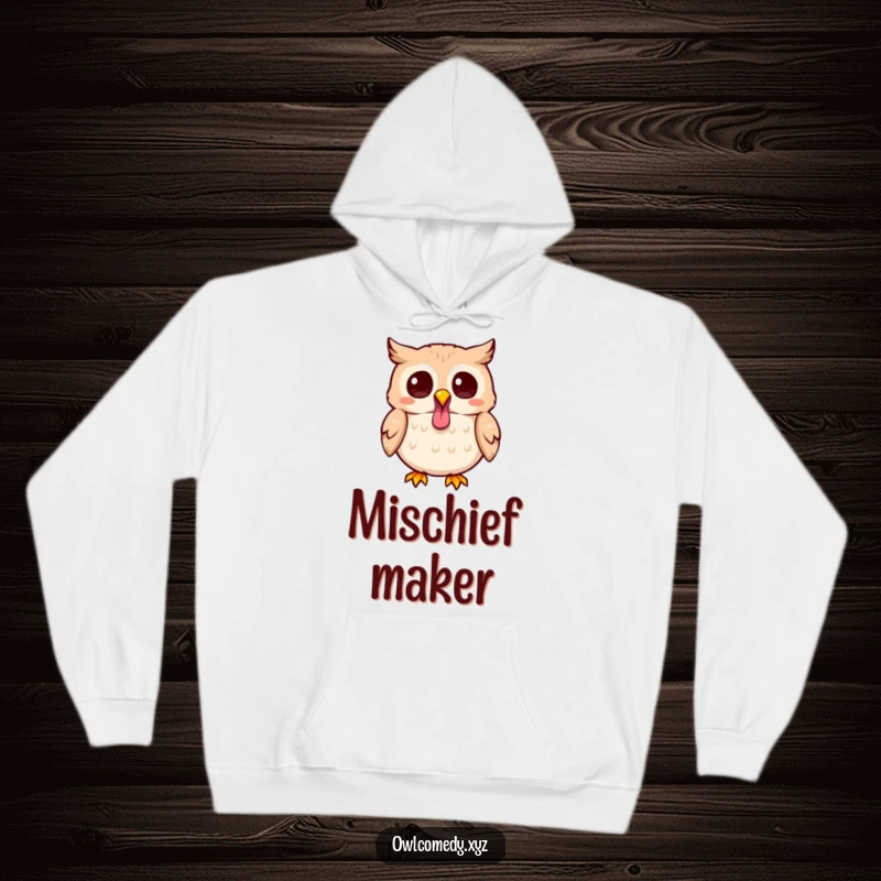 Funny Kawaii owl hoodie featuring a cute owl sticking its tongue out playfully, designed for comfort and adding a touch of humor.