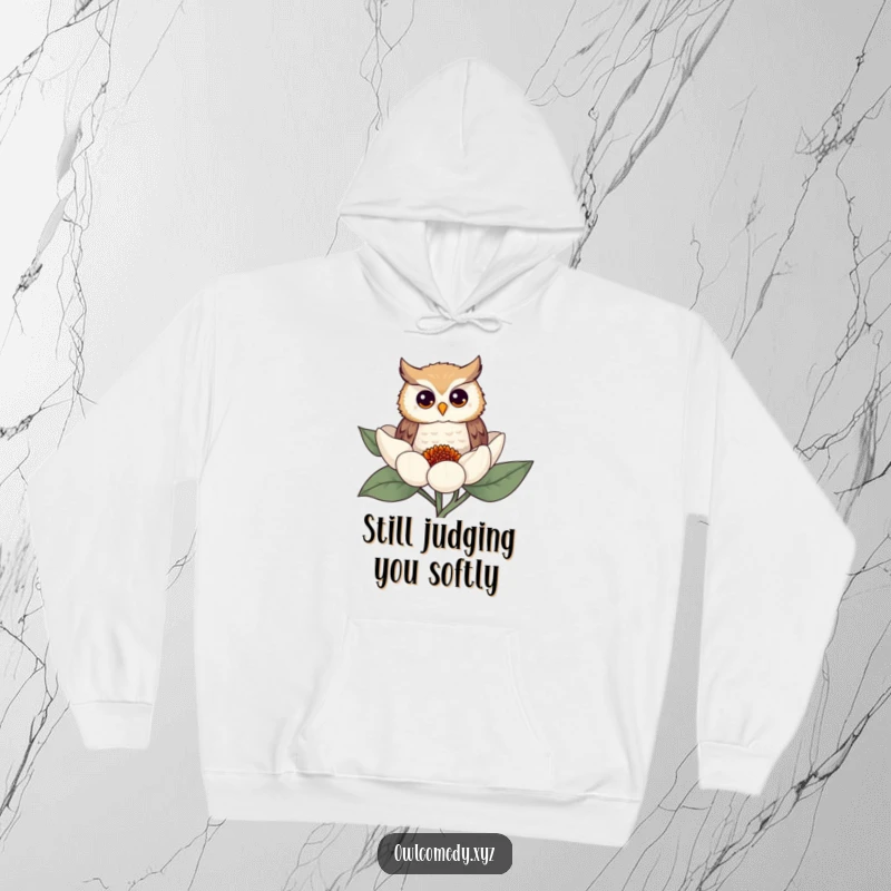 Funny owl hoodie with a cute owl peeking from behind a flower, offering warmth and a dose of humor for screen readers.