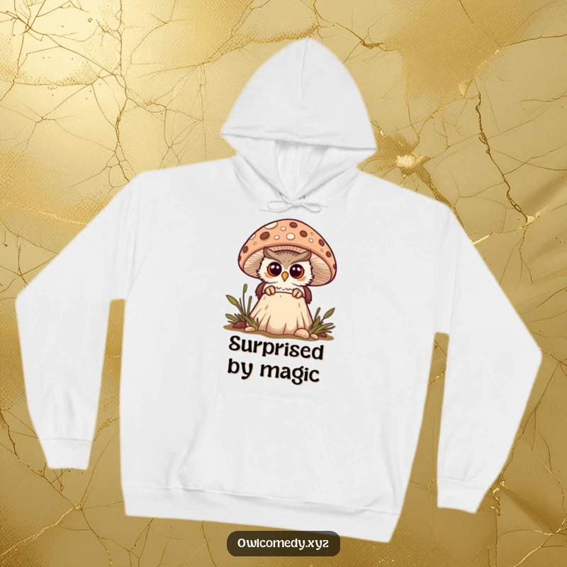 Funny curious kawaii owl peeking from behind a spotted mushroom, looking surprised, hoodie, cozy, warm, woodland, discovery.