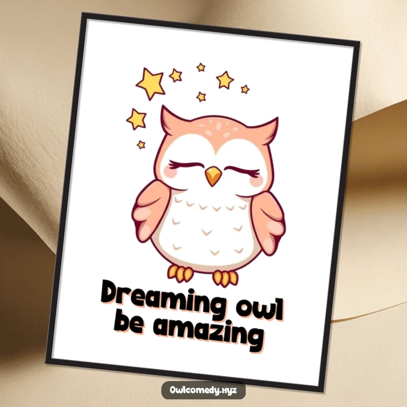Funny Free Printable Wall Art of a kawaii owl with closed eyes, dreaming peacefully amidst a swirl of stars.