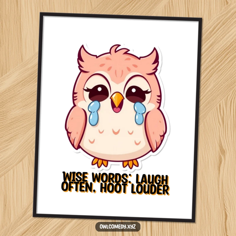 Funny Free Printable Wall Art: A Kawaii stylized owl laughing heartily, tears streaming from its eyes, bringing joy to your space.