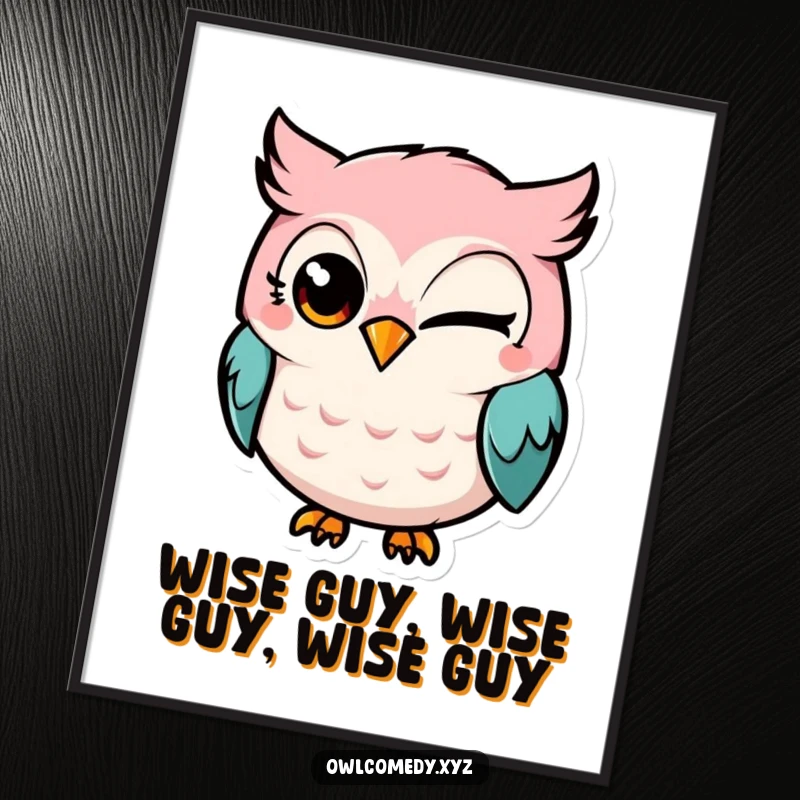 Funny Free Printable Wall Art: A Kawaii stylized owl with a mischievous grin and one eye winking, adding playful charm to your wall.