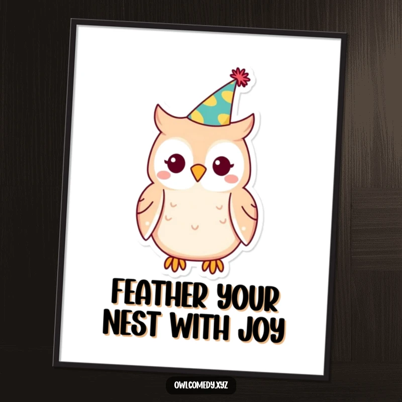 Free Printable Wall Art: A Kawaii stylized owl wearing a tiny, tilted party hat, exuding festive and cheerful vibes.