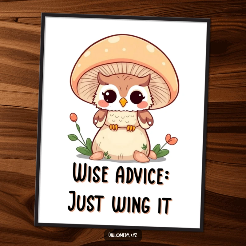 Funny Free Printable Wall Art: Kawaii owl peeking from a giant mushroom, winking, whimsical decor.