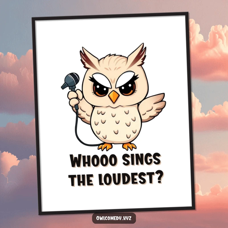 Funny Free Printable Owl Microphone Wall Art: A mischievous owl with a microphone, winking and striking a pose, perfect for music lovers.
