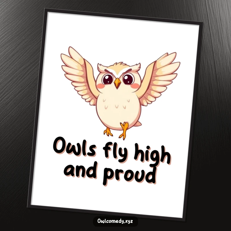 Funny Free Printable Owl Wall Art: A cheerful owl with a crooked smile leaping high, wings spread wide, in a dynamic pose.